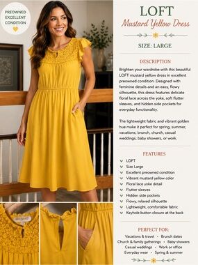 LOFT Mustard Yellow Flutter Sleeve Dress - Large